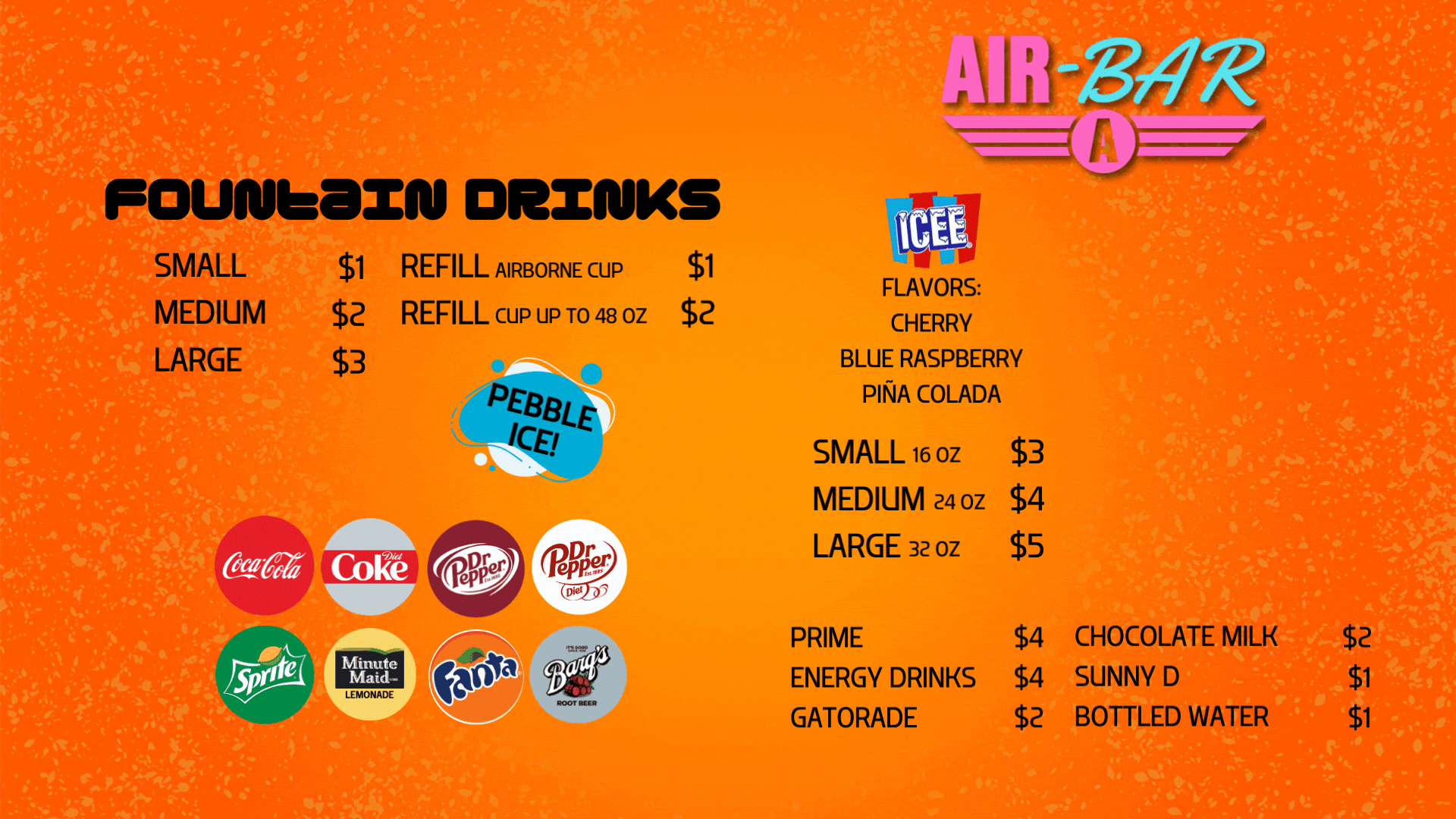 A menu sign with drink choices and prices for customers at an air bar.