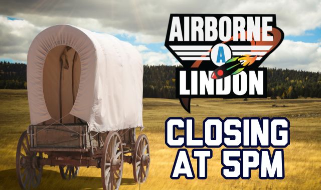 Airborne London store closing at 5pm, with colorful balloons floating in the background.